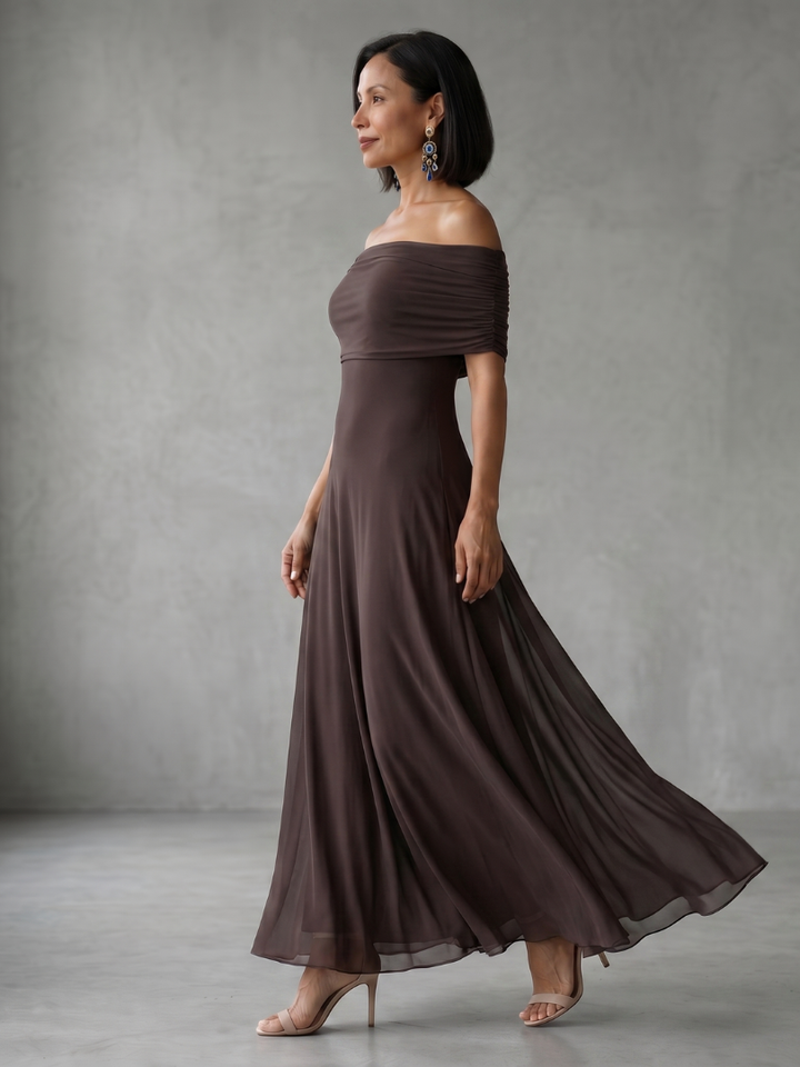 Junio | Vestido Midi Drapado con Hombros al Descubierto