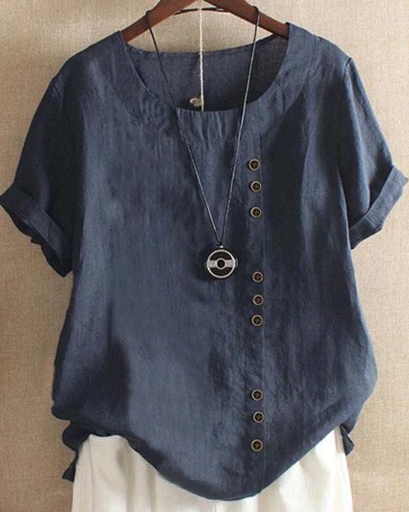 Lino | Top Casual de Cuello Redondo con Botones para Mujer de Manga Corta