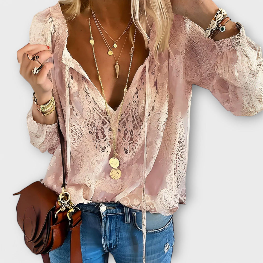 Celeste | Blusa de Encaje con Escote en V para Mujeres, Manga Larga, Top Bohemio