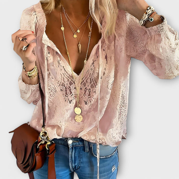 Celeste | Blusa de Encaje con Escote en V para Mujeres, Manga Larga, Top Bohemio