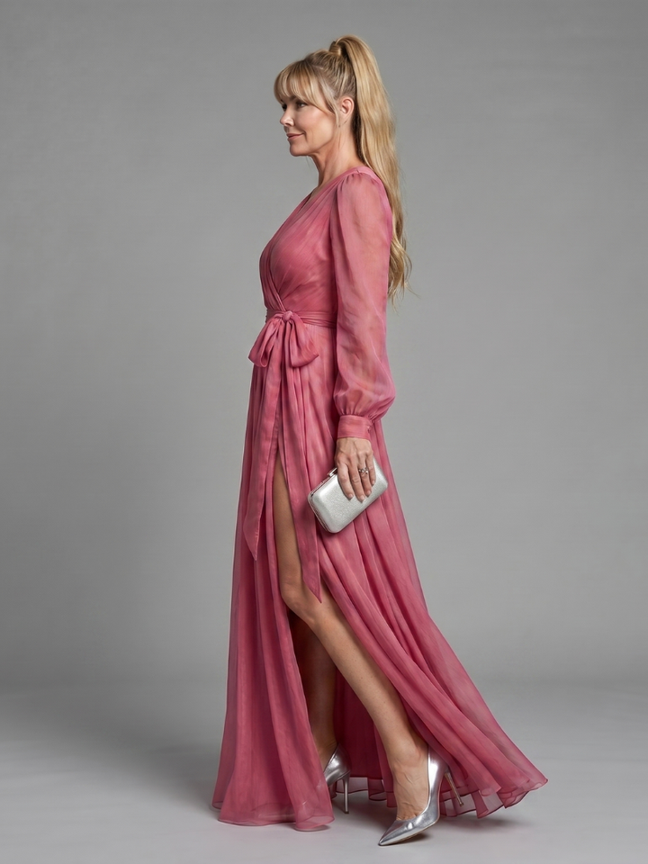 Meredith | Vestido Maxi Fluido Transparente de Manga Larga