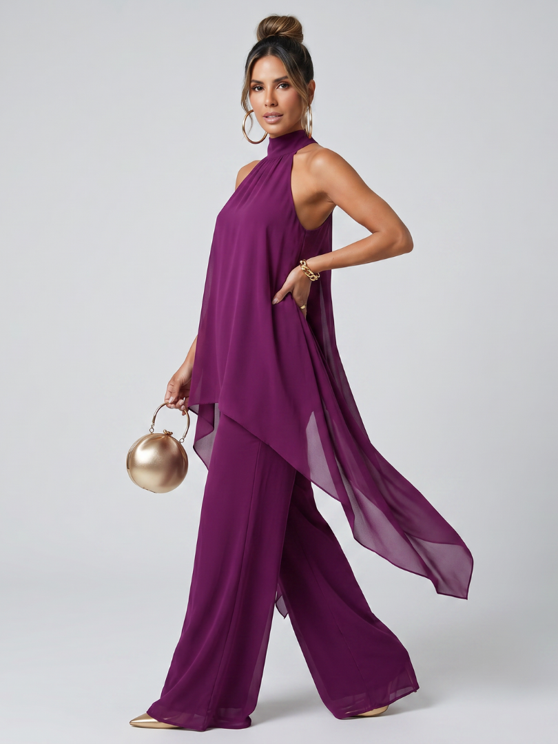 Zareen | Conjunto de Top Túnica Asimétrico y Pantalones de Pierna Ancha