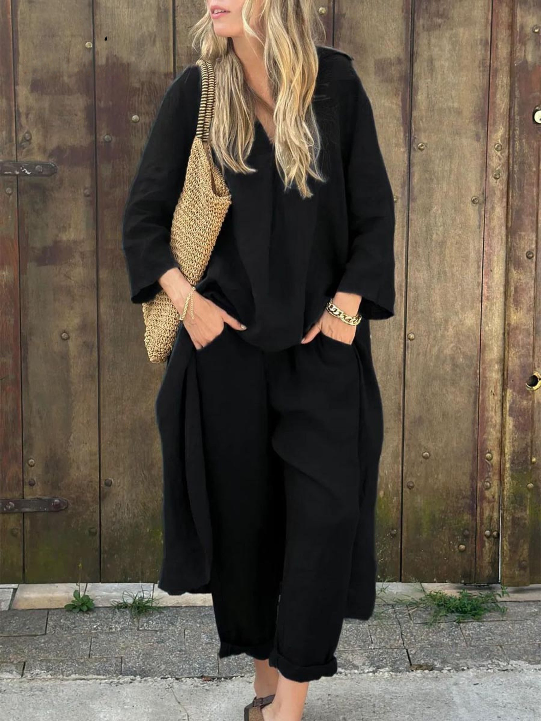 Conjunto de Top de Cuello en V Lila y Pantalones de Pierna Ancha