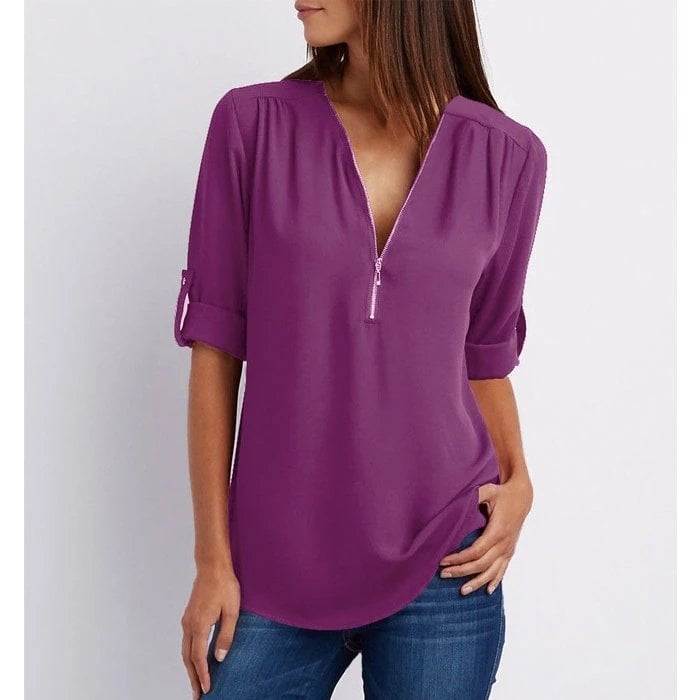 Rosé | Blusa Casual de Cuello en V con Cremallera y Manga Corta para Dama
