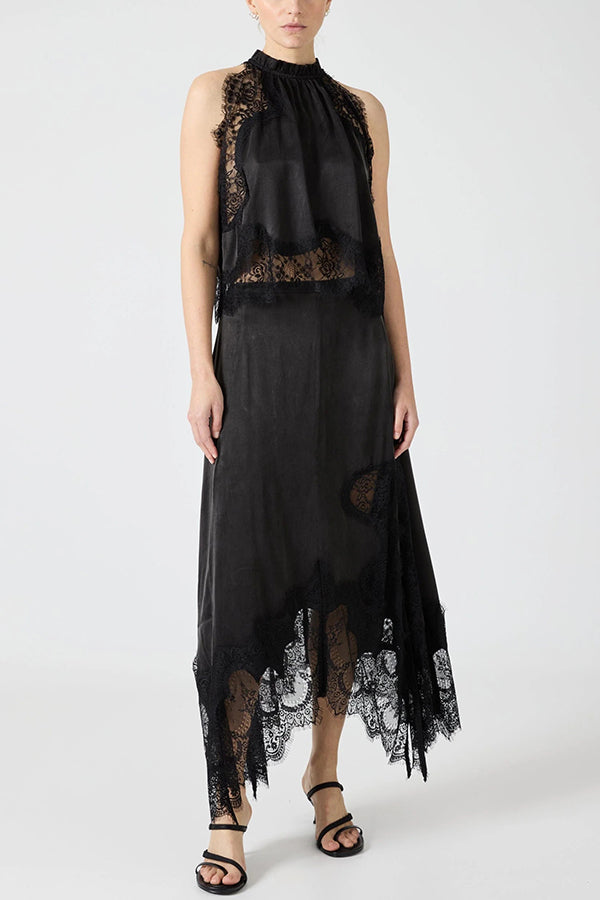 Conjunto de Top de Encaje Plisado Isabella + Falda con Abertura Irregular