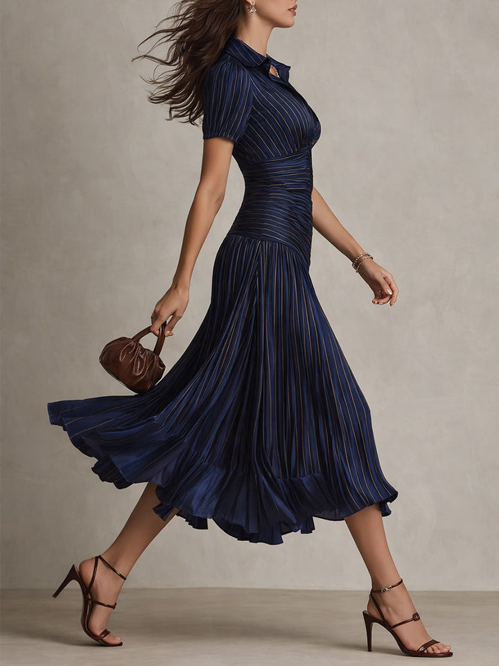 Adriana - Vestido midi satinado con rayas vintage