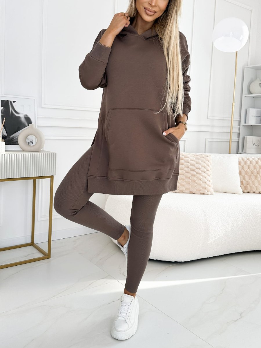 Conjunto de Sudadera Sólida en Color Sienna y Leggings Forrados