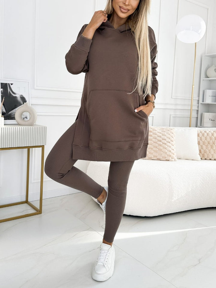 Conjunto de Sudadera Sólida en Color Sienna y Leggings Forrados