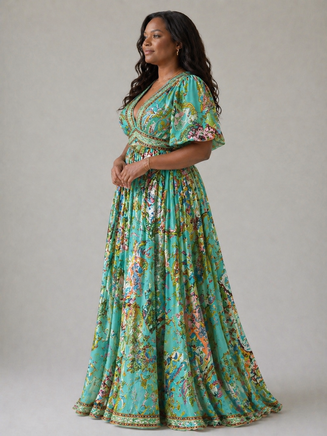 Ellis & Johnson™ | Vestido maxi ligero con mangas abullonadas y escote en V