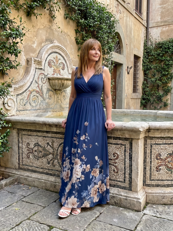 Clarissa | Vestido midi sin mangas con escote en V y dobladillo floral suave