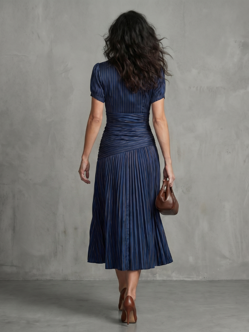 Theodora | Vestido midi con cintura fruncida y rayas