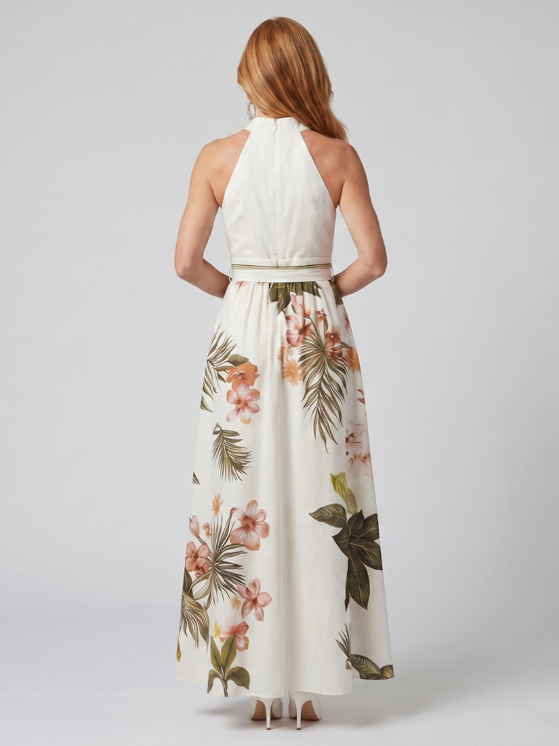 Meadow | Vestido Maxi de Panel Botánico con Cuello Halter Drapado