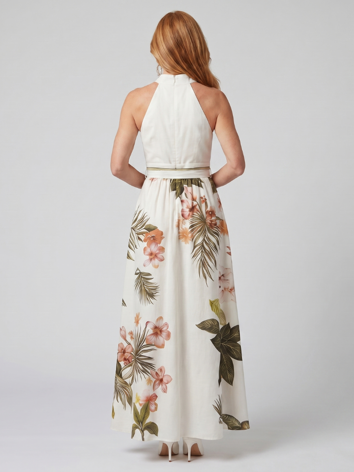 Meadow | Vestido Maxi de Panel Botánico con Cuello Halter Drapado