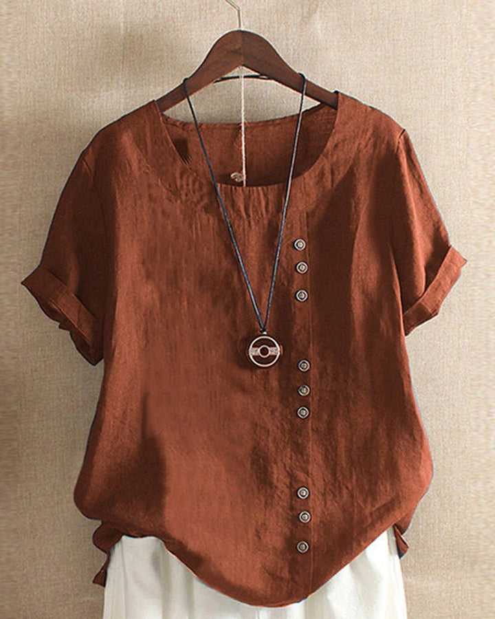 Lino | Top Casual de Cuello Redondo con Botones para Mujer de Manga Corta