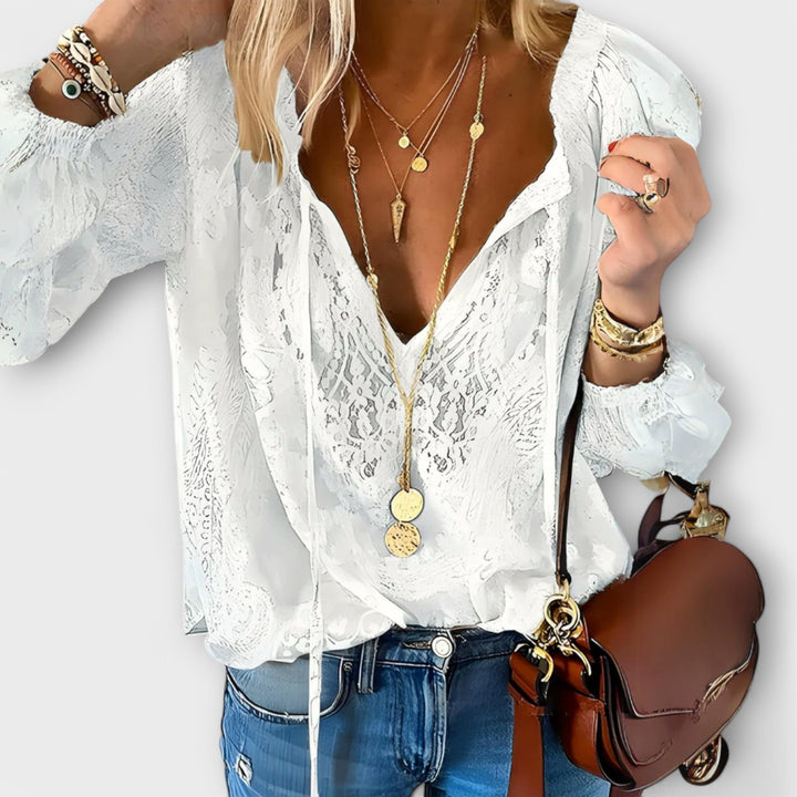 Celeste | Blusa de Encaje con Escote en V para Mujeres, Manga Larga, Top Bohemio