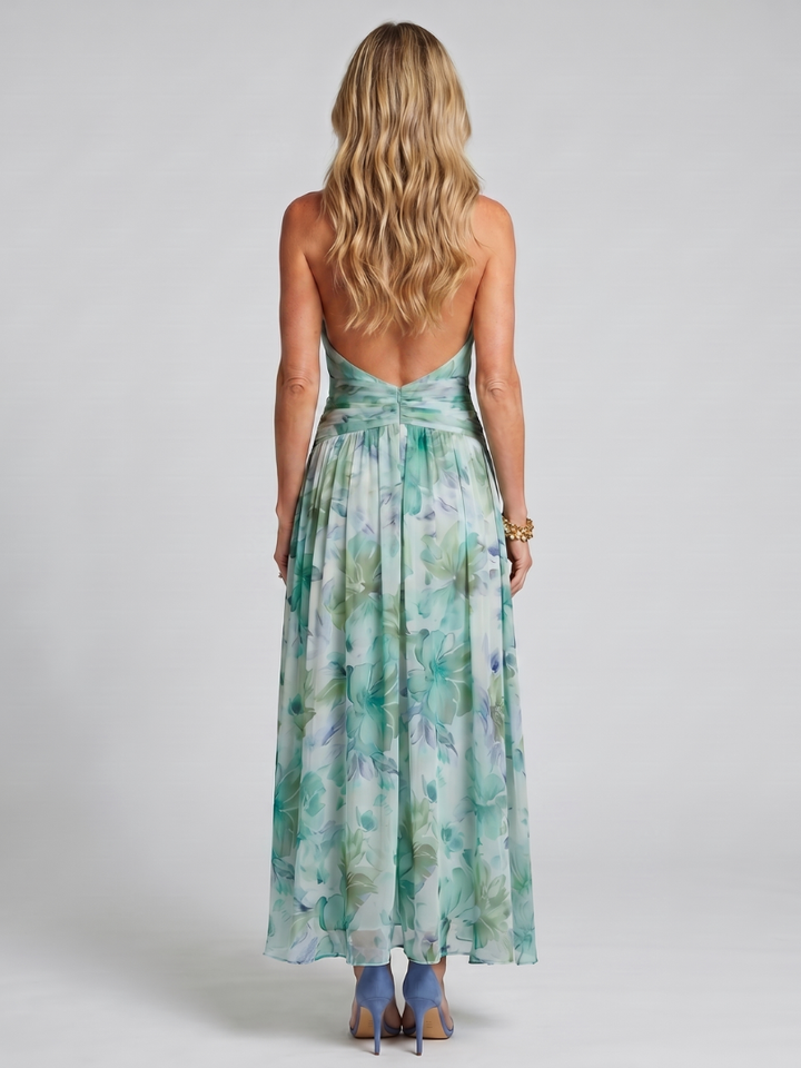 Portia | Vestido Midi de Flores Suaves con Escote Halter Plisado