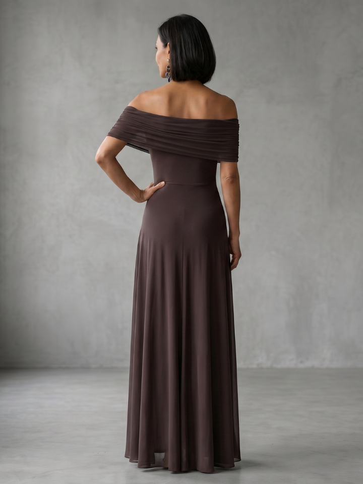 Junio | Vestido Midi Drapado con Hombros al Descubierto