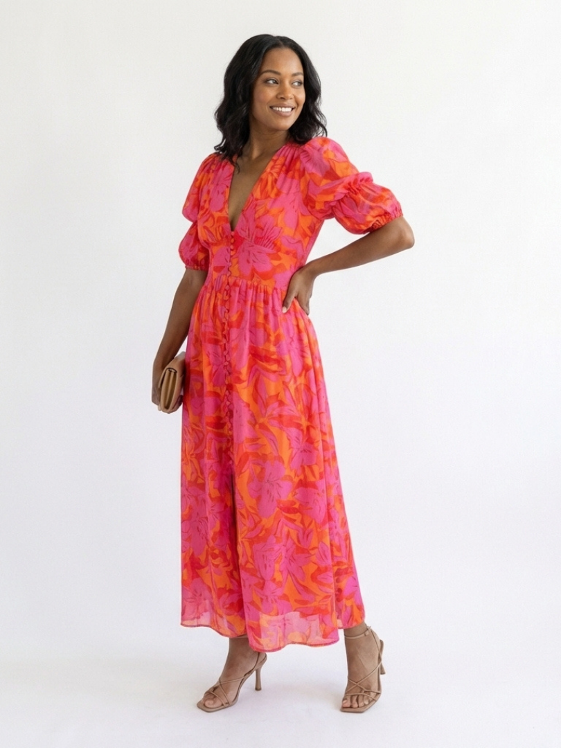 Ellis & Johnson™ | Vestido Midi de Manga Abullonada con Escote en V Floral