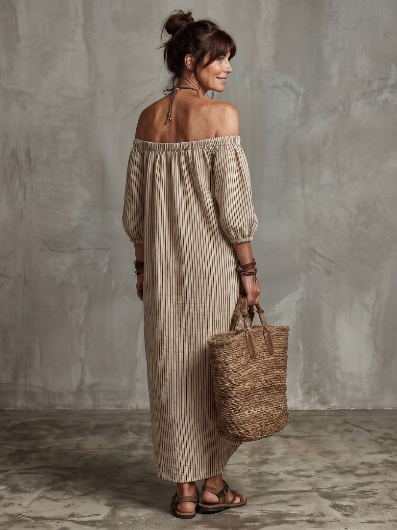 Eufemia | Vestido Maxi de Rayas con Hombros Descubiertos
