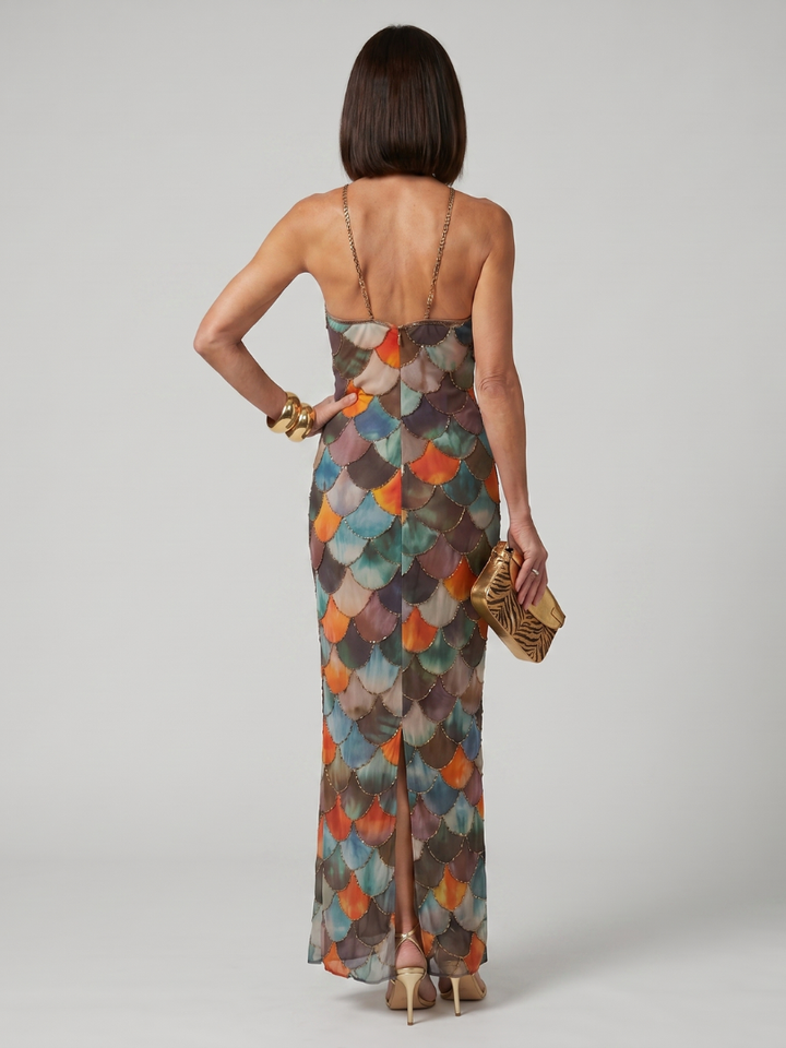 Larkin | Vestido Maxi Ajustado de Patrón de Escamas Multicolor