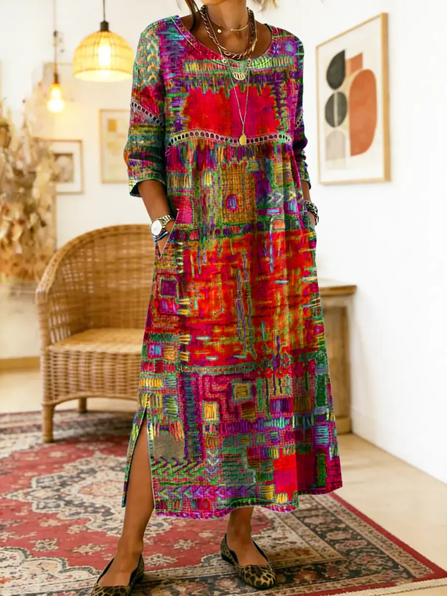 Manuela | Vestido Estampado con Patchwork Étnico