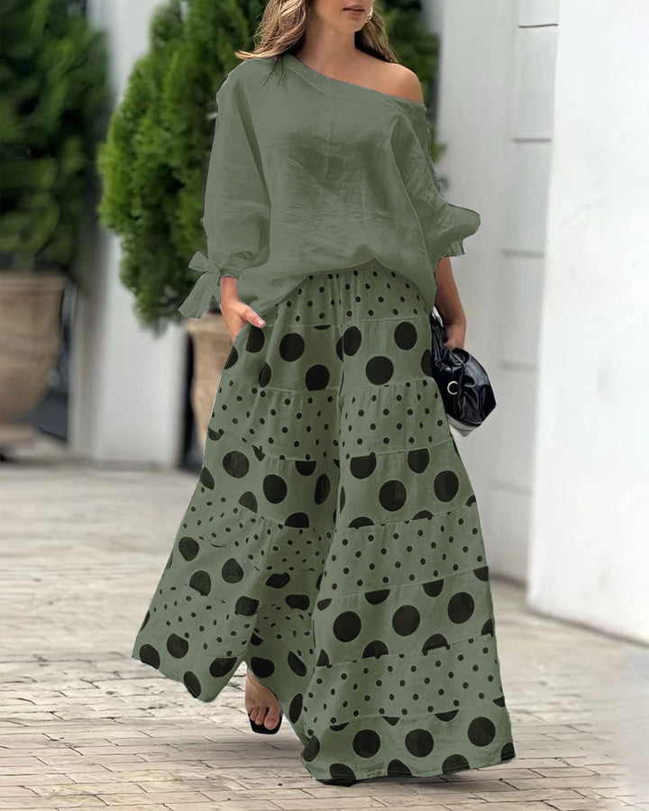 Conjunto Casual de Top con Hombros Descubiertos y Pantalones Estampados Samantha