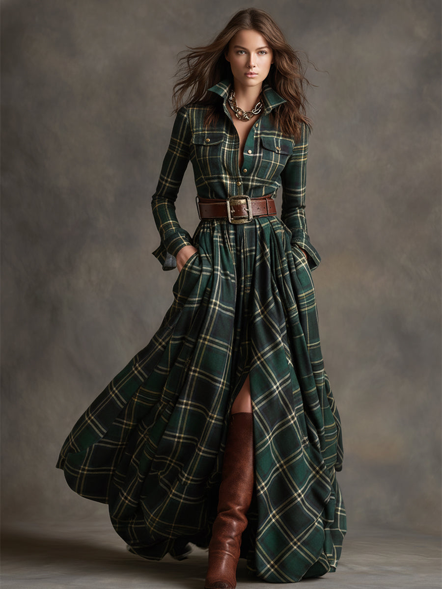 Scarlett | Vestido Camisero Largo a Cuadros con Mangas Largas y Cinturón