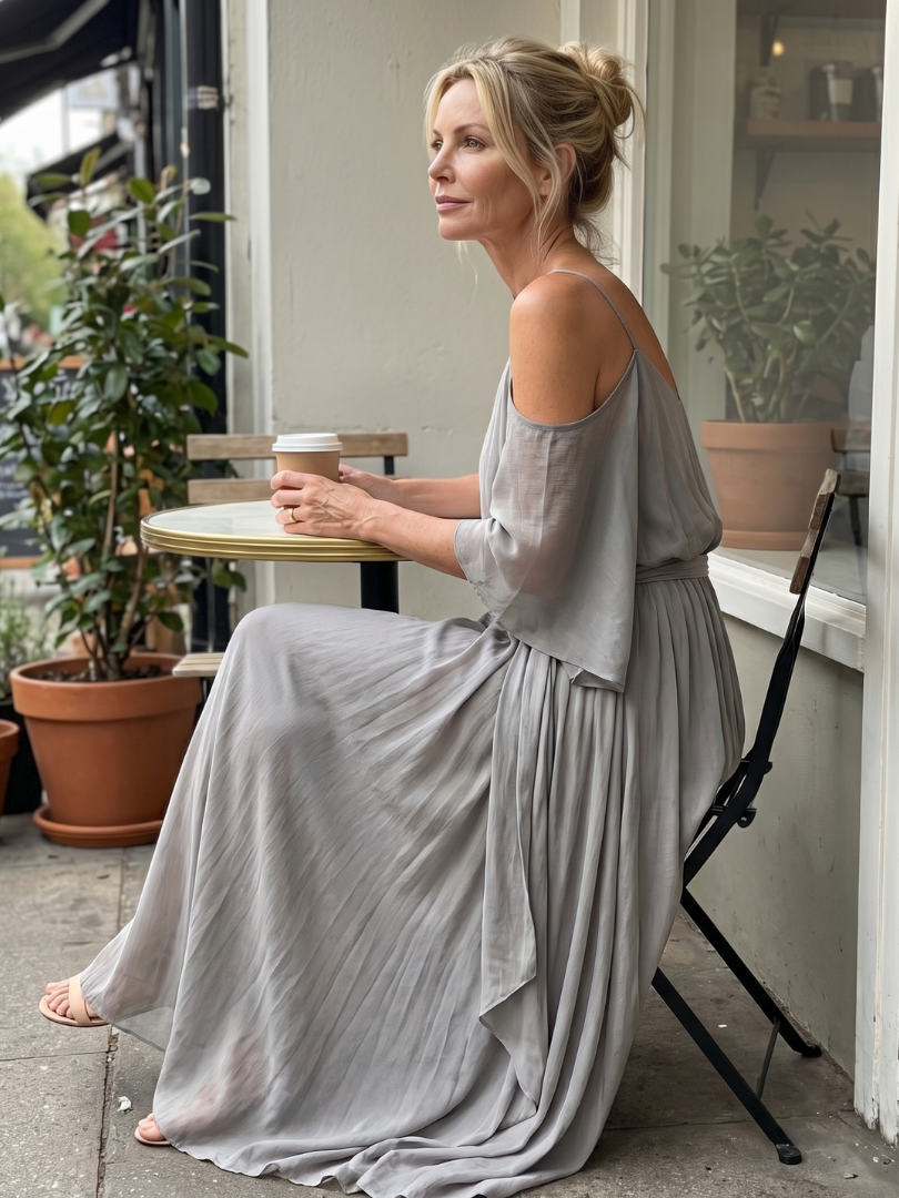 Marisol | Conjunto de Top de Hombros Descubiertos con Capas y Pantalones de Pierna Ancha