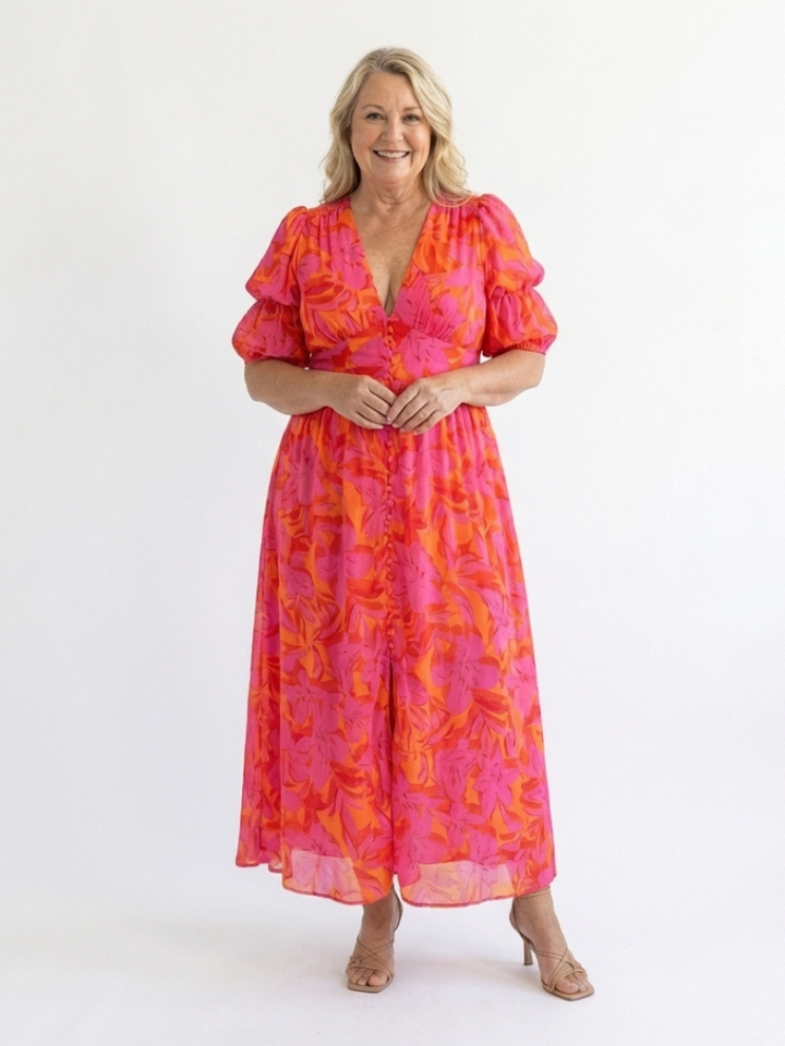 Ellis & Johnson™ | Vestido Midi de Manga Abullonada con Escote en V Floral
