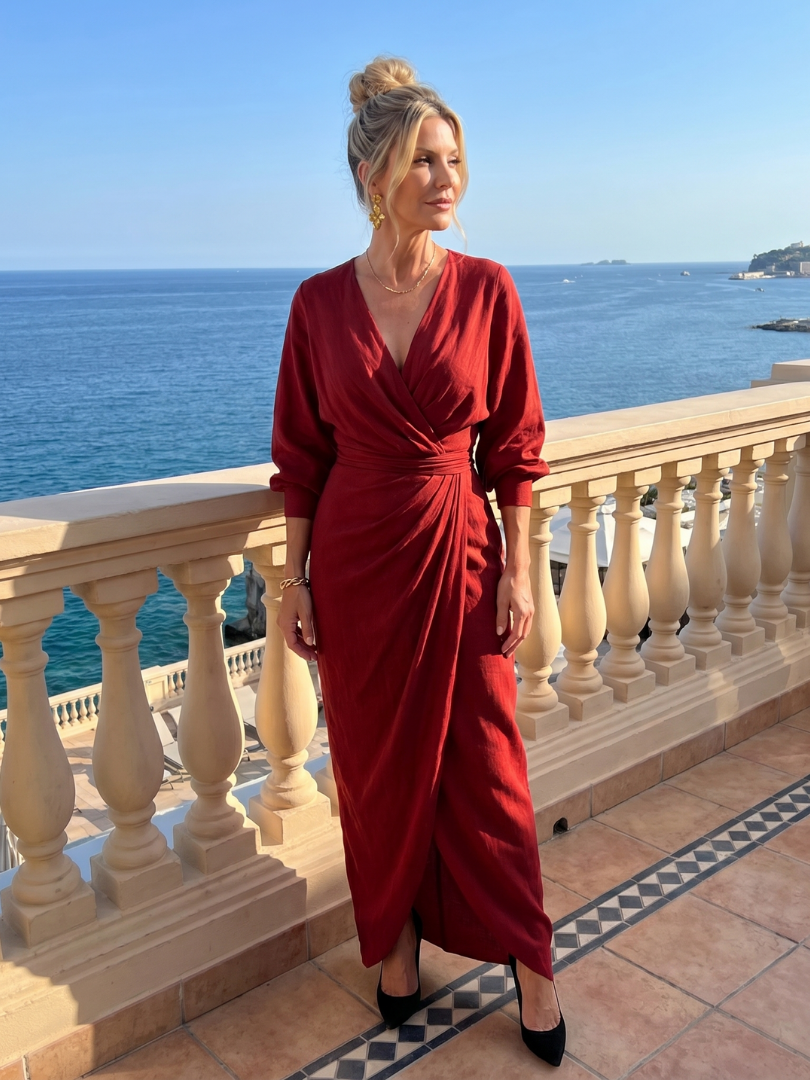 Fábula | Vestido Midi de Manga Larga con Cuerpo Envolvente