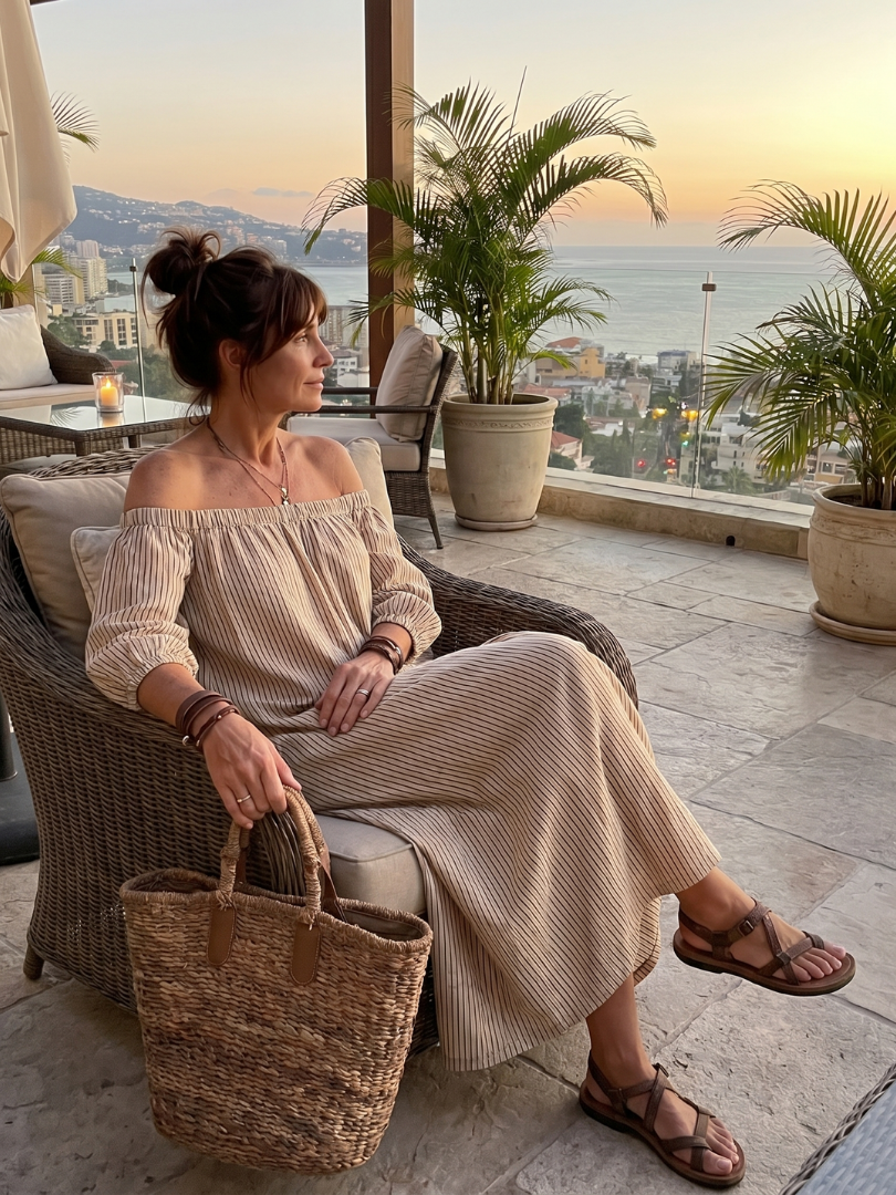 Eufemia | Vestido Maxi de Rayas con Hombros Descubiertos