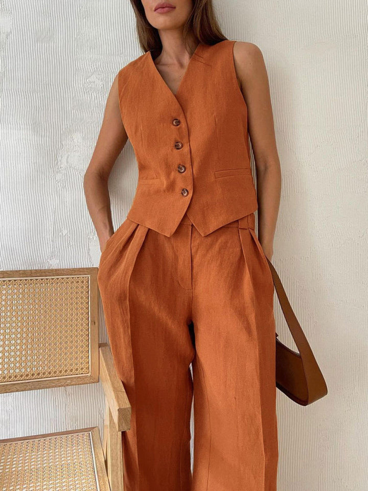 Conjunto de Pantalones Anchos Plisados con Escote en V en Color Lila
