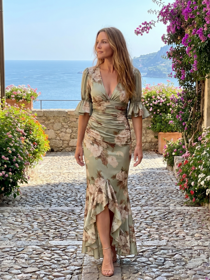 Palma | Vestido Midi de Manga Corta con Escote en V y Cintura Ajustada