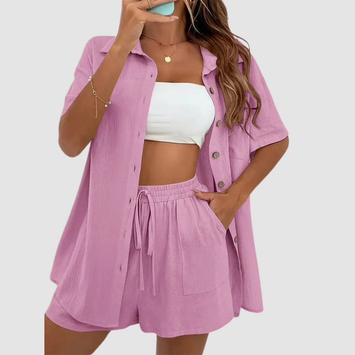 Frances™ Elegante Conjunto de Verano de Dos Piezas | Top de Manga Corta con Botones y Pantalones Cortos con Cinturilla Ajustable