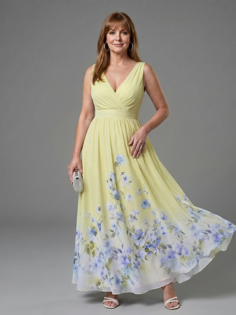 Clarissa | Vestido midi sin mangas con escote en V y dobladillo floral suave