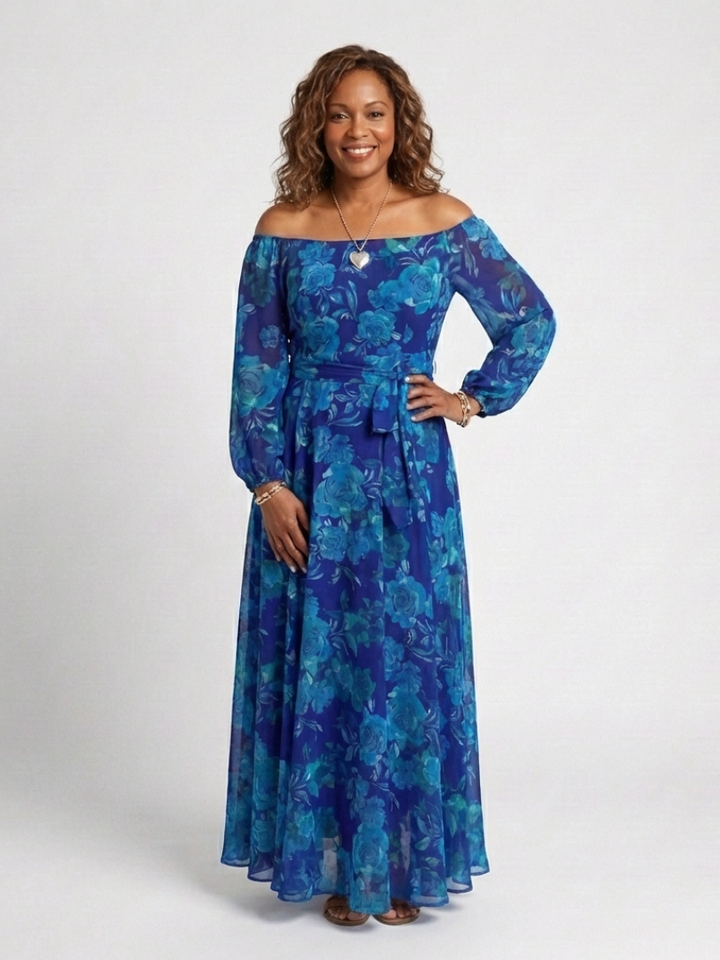 Ellis & Johnson™ | Vestido Maxi Floral con Hombros Al Descubierto