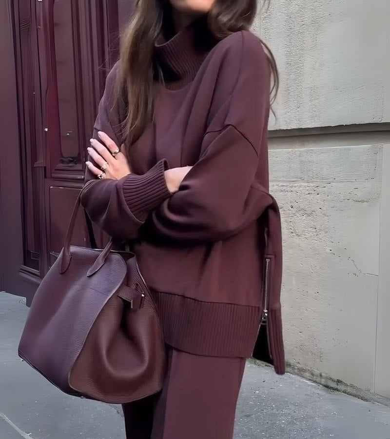 Elyza™ Conjunto Suave de Dos Piezas | Top de Cuello Alto y Pantalón Amplio