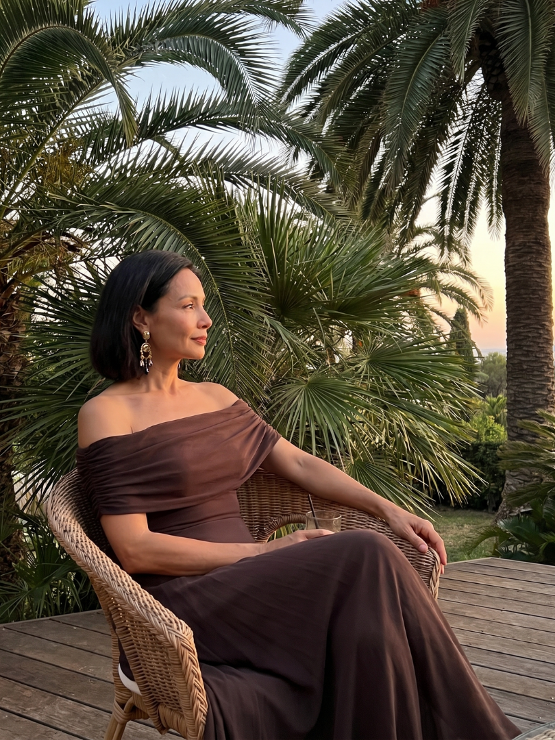 Junio | Vestido Midi Drapado con Hombros al Descubierto