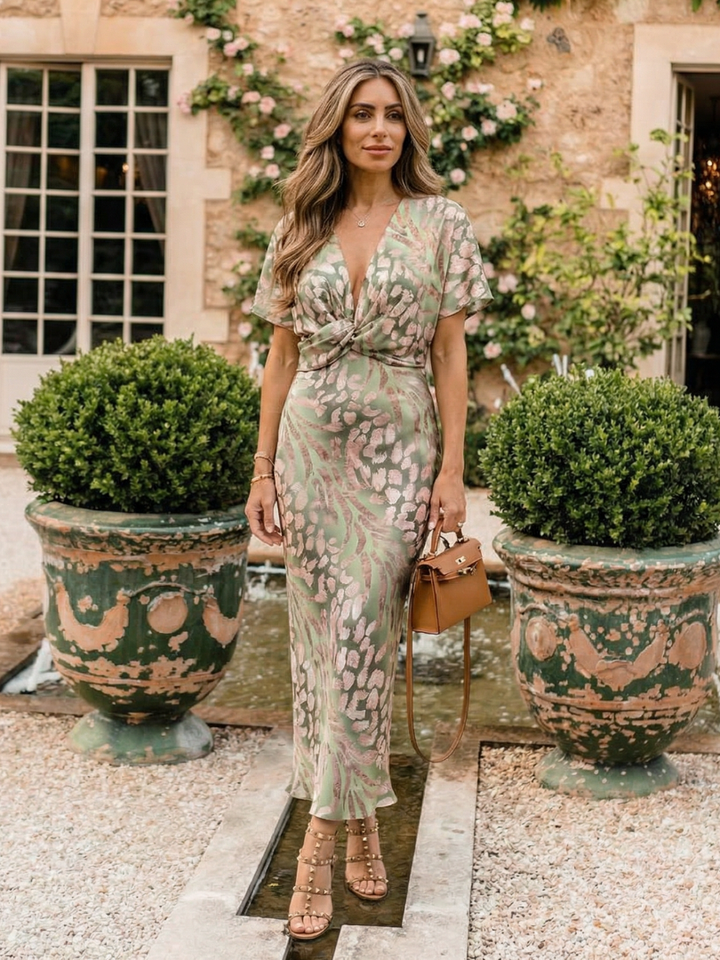 Ellis & Johnson™ | Vestido Midi con Escote en V y Cintura Torcida de Estampado Abstracto