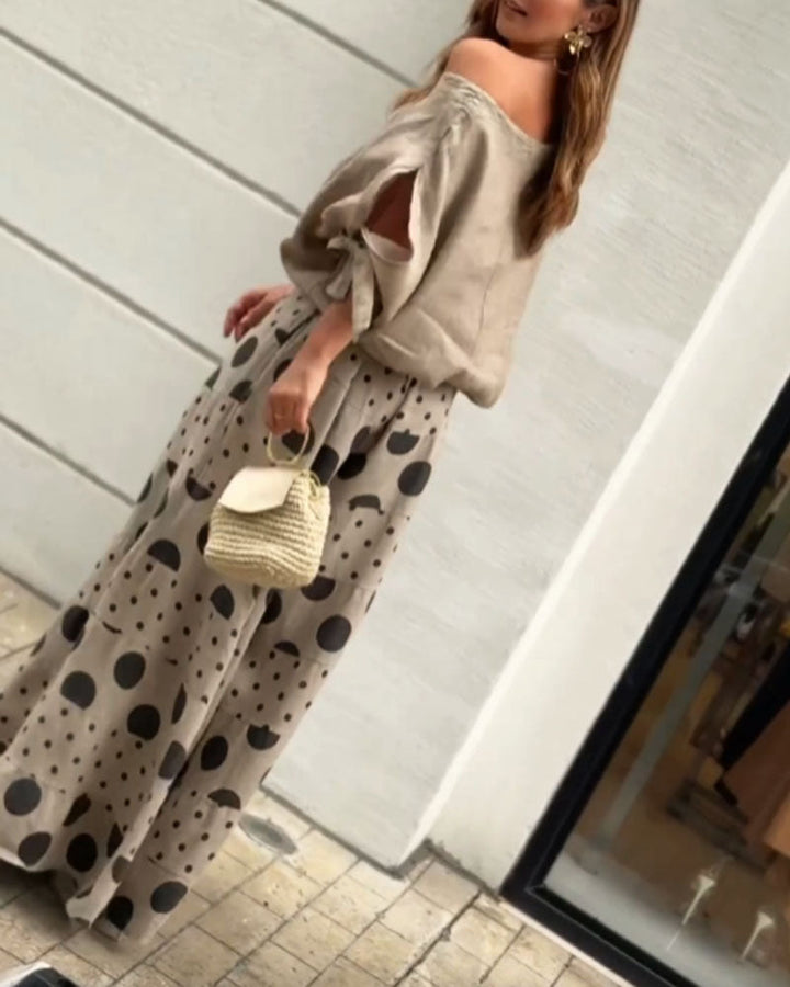 Conjunto de Top Casual con Hombros Descubiertos y Pantalones Estampados Samantha