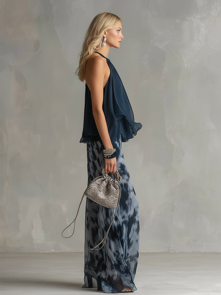Luna | Conjunto elegante de chiffon con blusa de cuello alto y pantalones de pierna ancha estampados