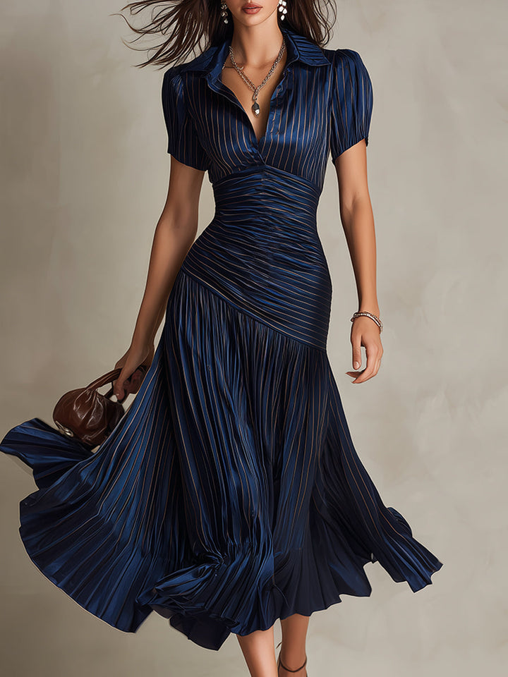 Adriana - Vestido midi satinado con rayas vintage