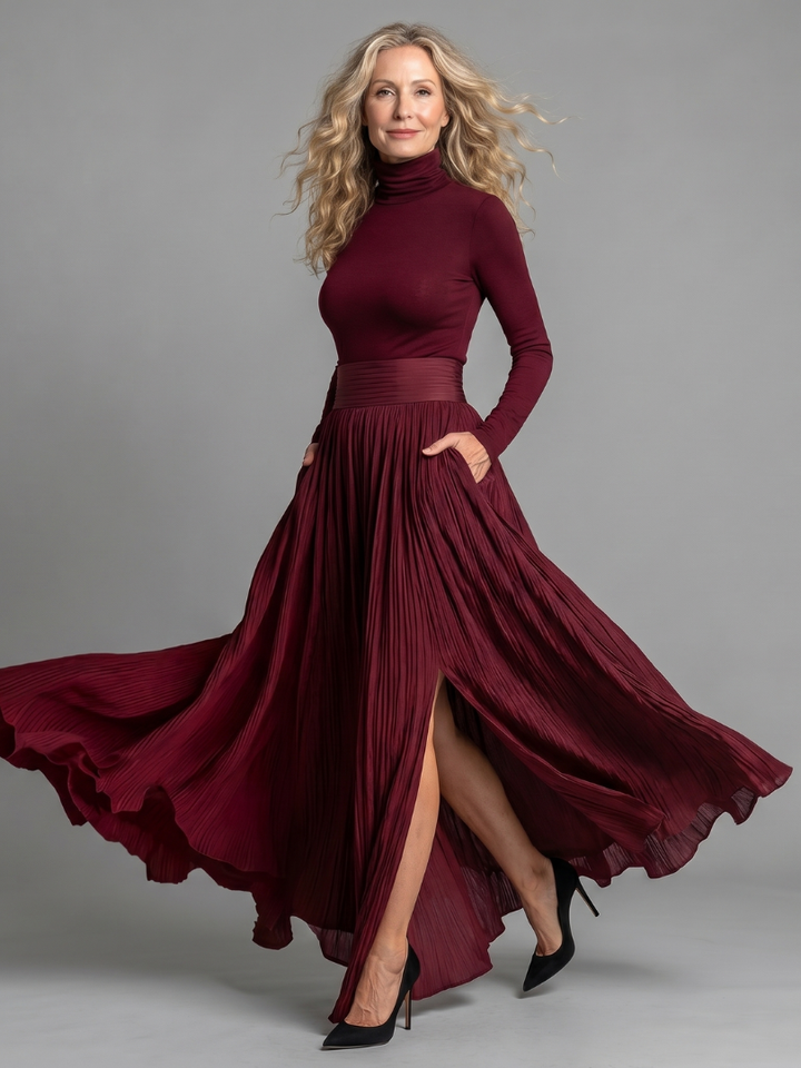 Lana | Vestido Midi de Cuello Alto y Manga Larga con Cintura Ajustada