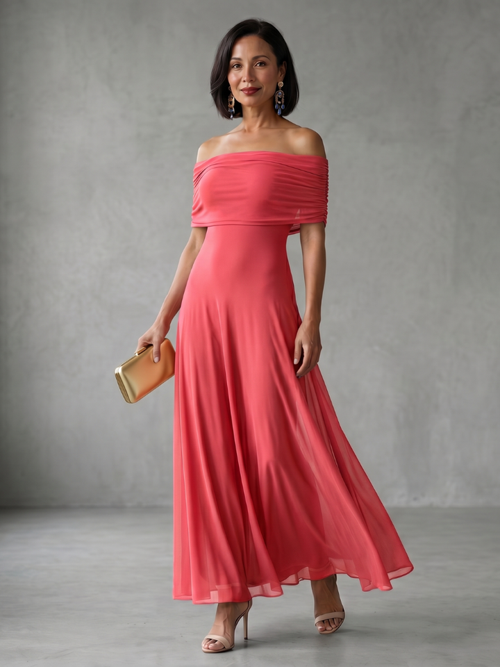 Junio | Vestido Midi Drapado con Hombros al Descubierto