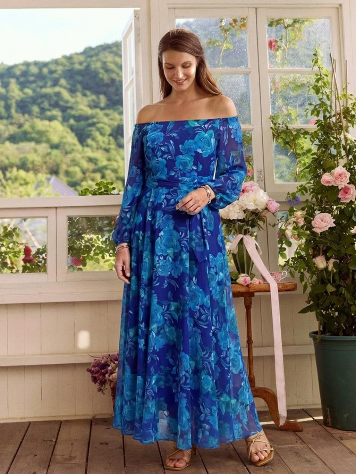 Ellis & Johnson™ | Vestido Maxi Floral con Hombros Al Descubierto