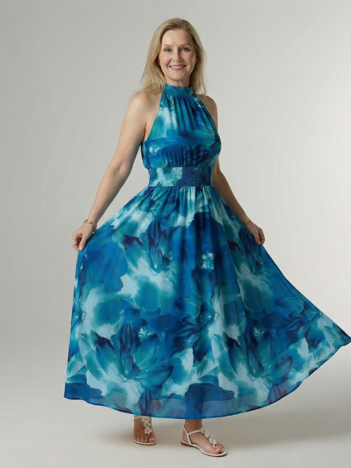 Sylin | Vestido Midi con Cuello Halter Arrugado