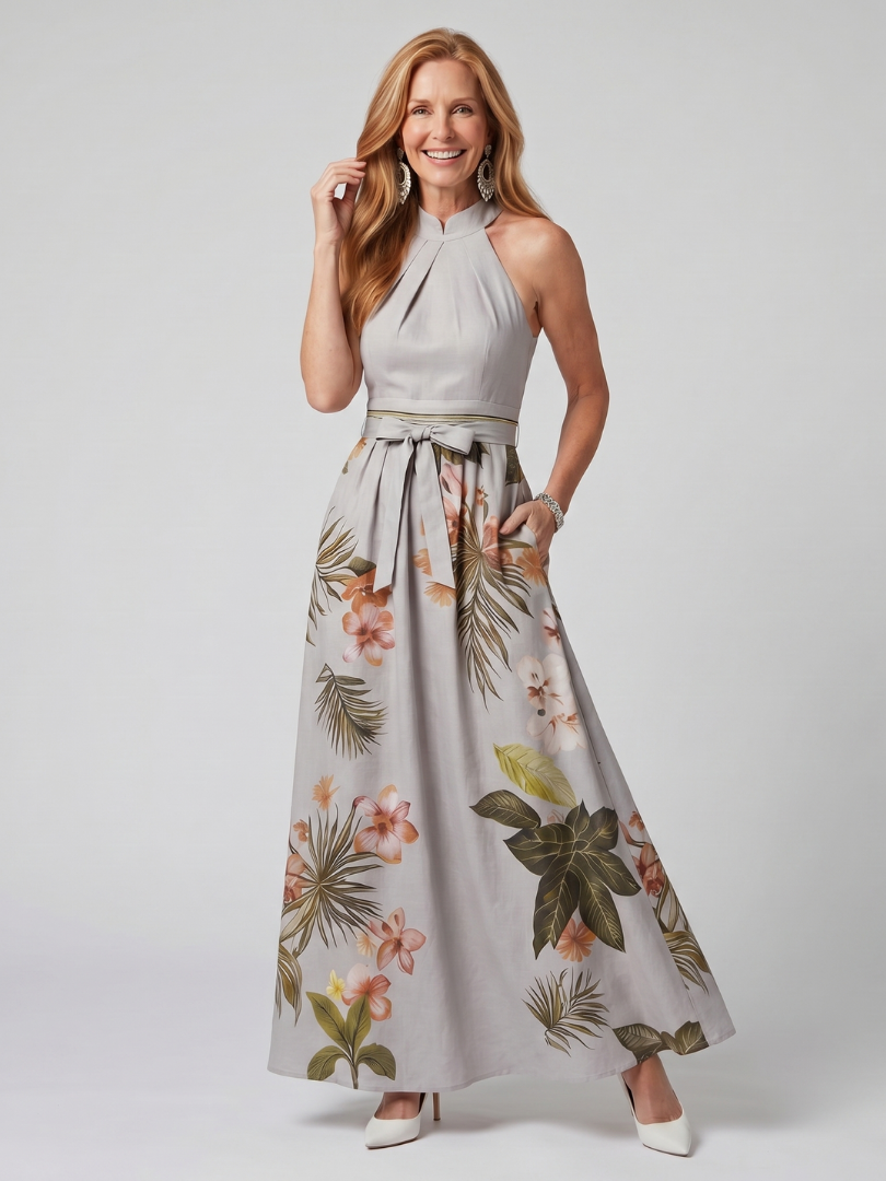 Meadow | Vestido Maxi de Panel Botánico con Cuello Halter Drapado