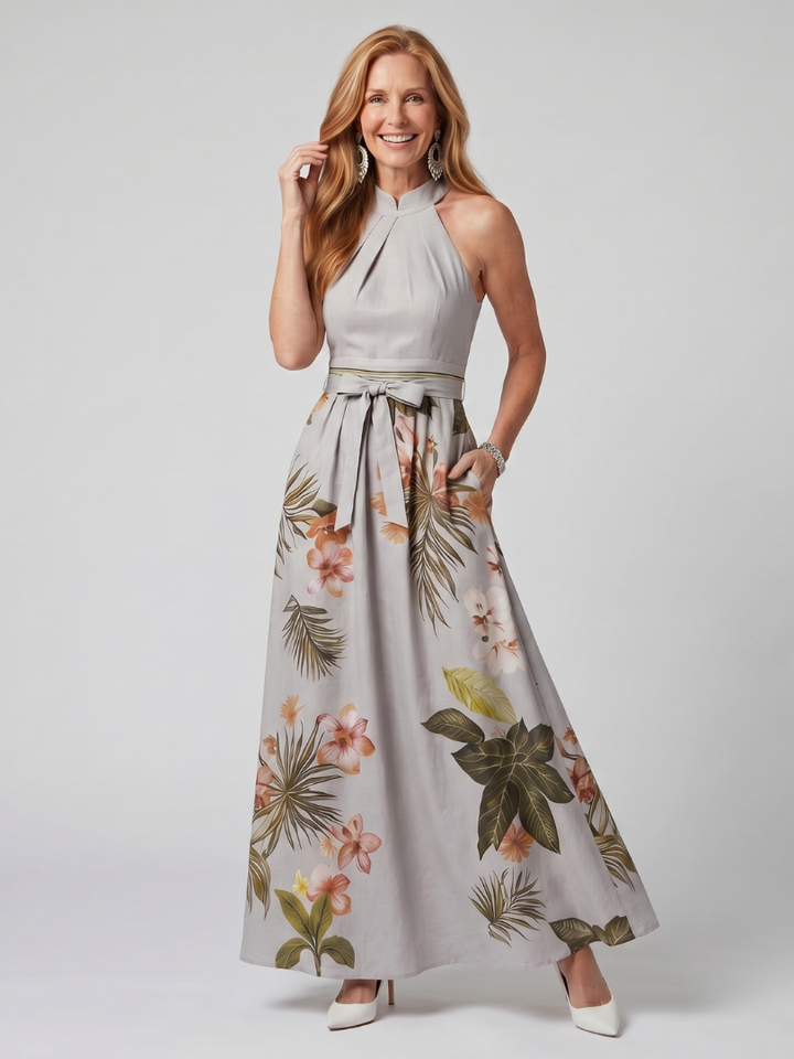 Meadow | Vestido Maxi de Panel Botánico con Cuello Halter Drapado