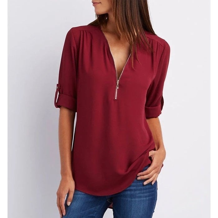Rosé | Blusa Casual de Cuello en V con Cremallera y Manga Corta para Dama