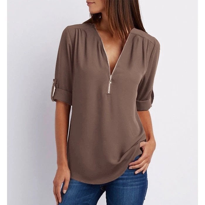 Rosé | Blusa Casual de Cuello en V con Cremallera y Manga Corta para Dama